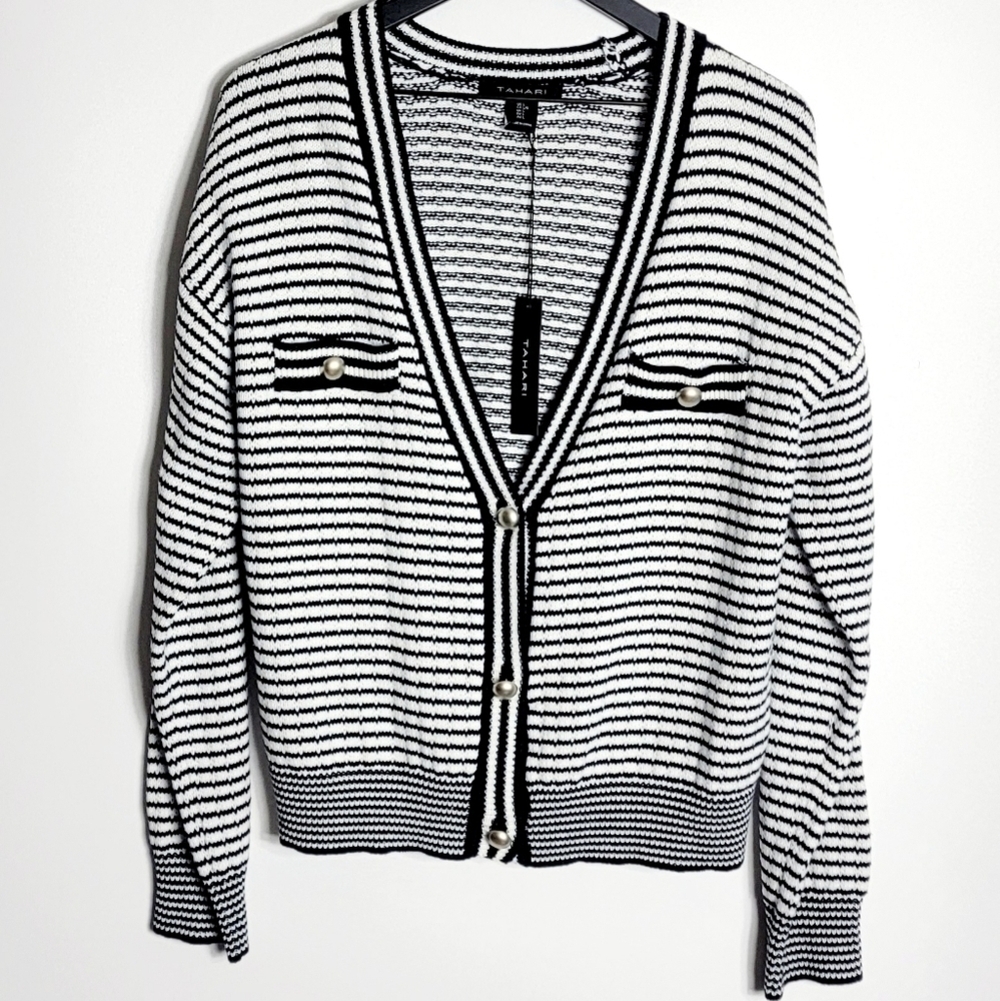 NWT Tahari Navy Stripes Knit Cotton Blend Nautical Cardigan Sweater Women Size L